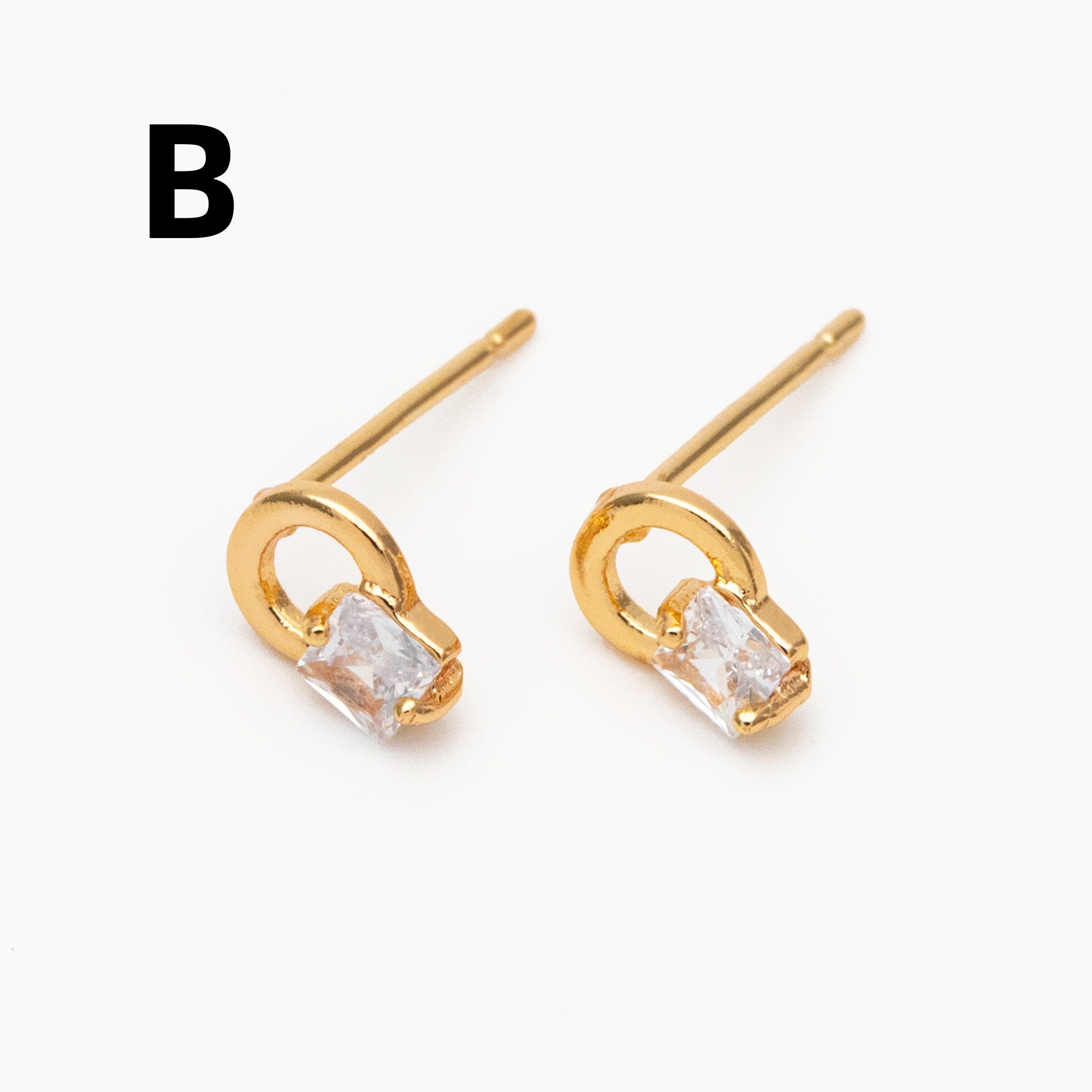 10pcs CZ Pave Geometric Earrings, Real Gold Plated Brass, Dainty Stud Earrings (#GB-4009)